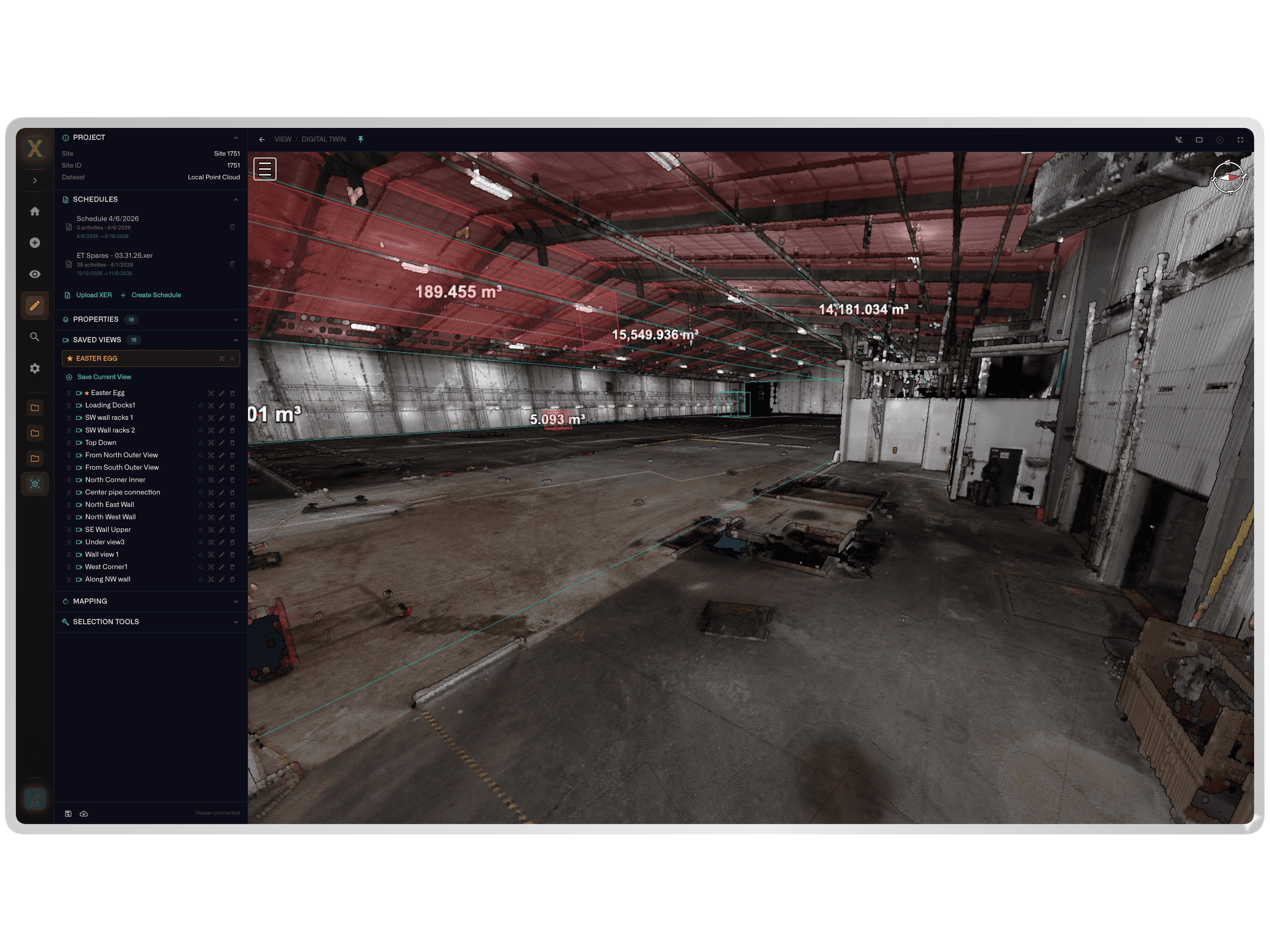 NIXN Digital Twin — Facility Point Cloud with Saved Views and Volumetric Data