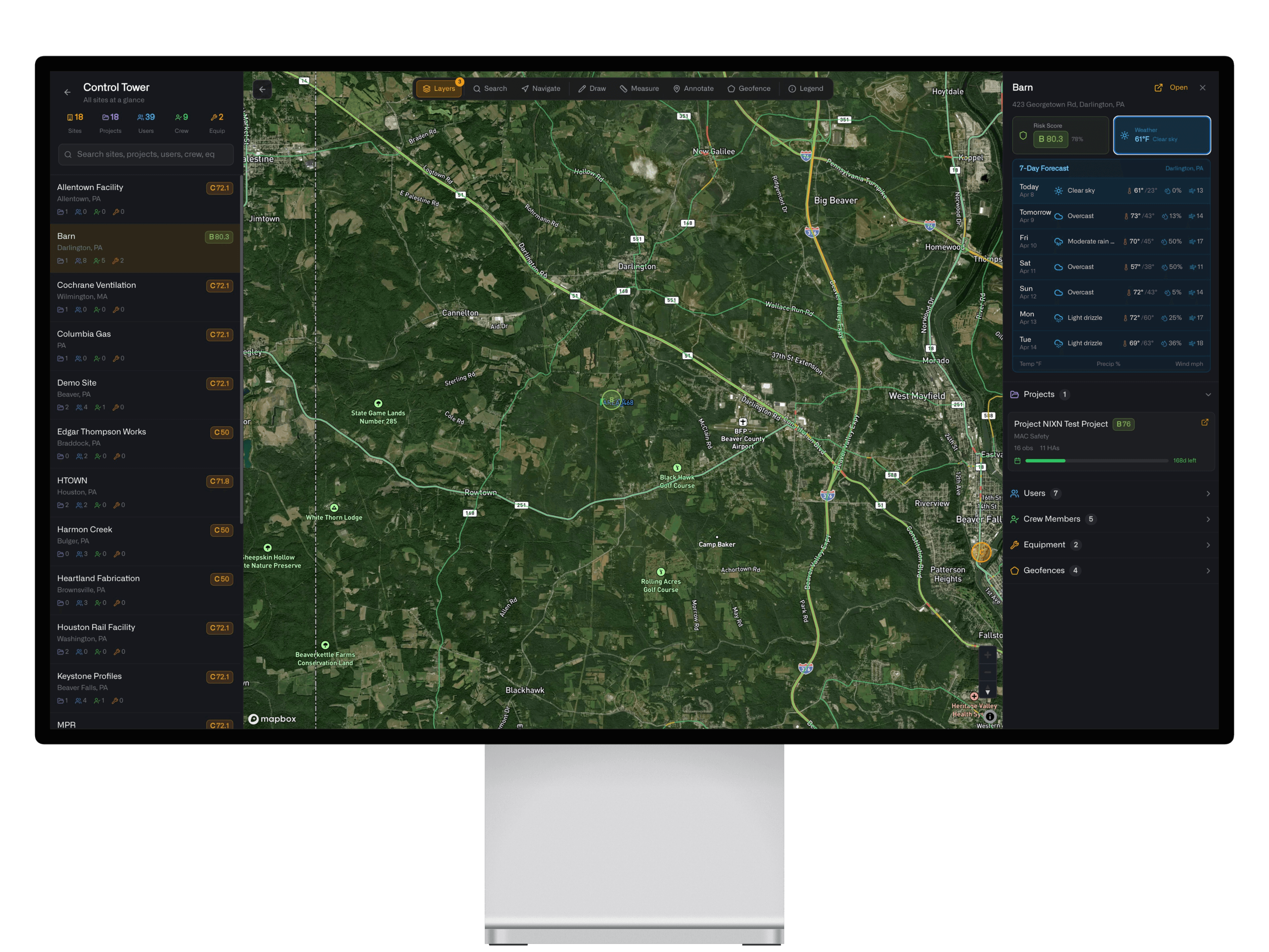 NIXN Control Tower showing a multi-site operations map