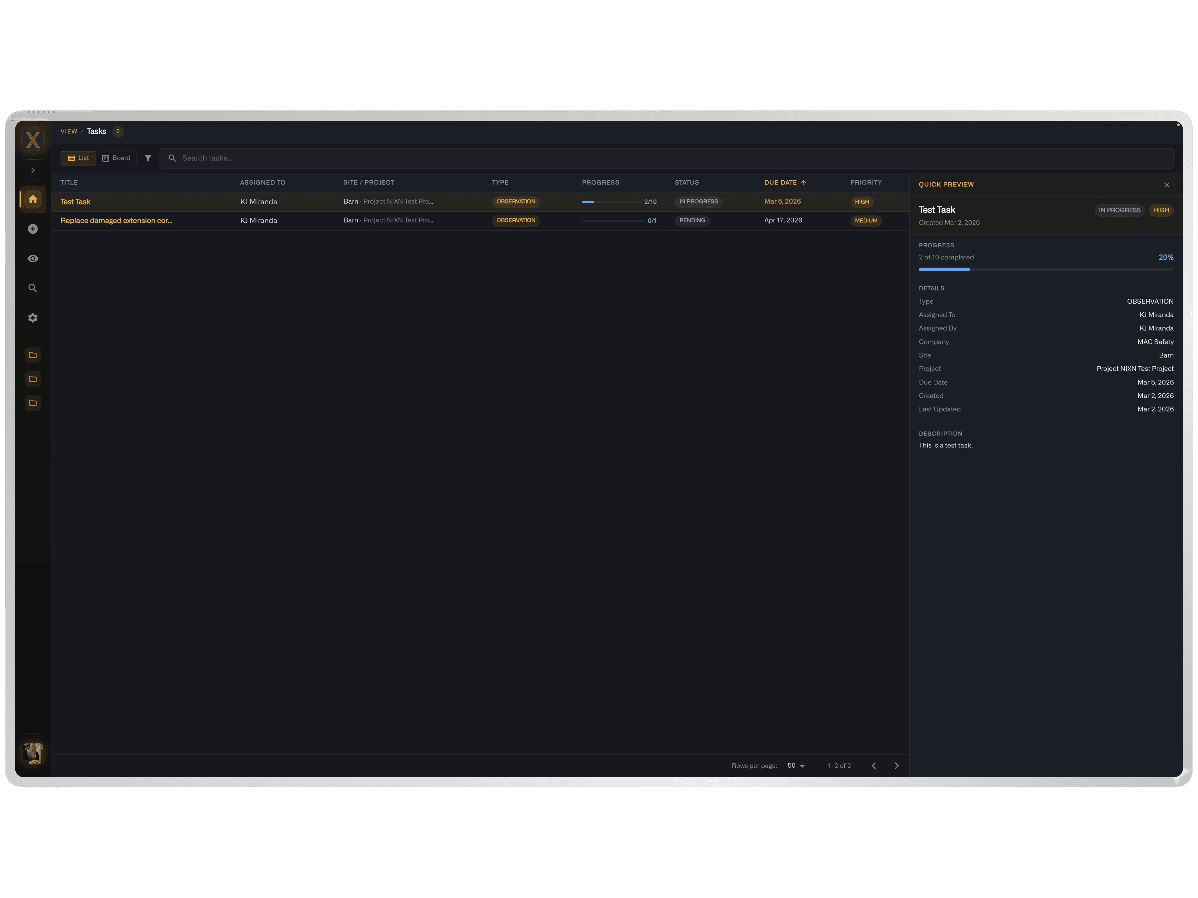 NIXN CAPA Management — Tasks View