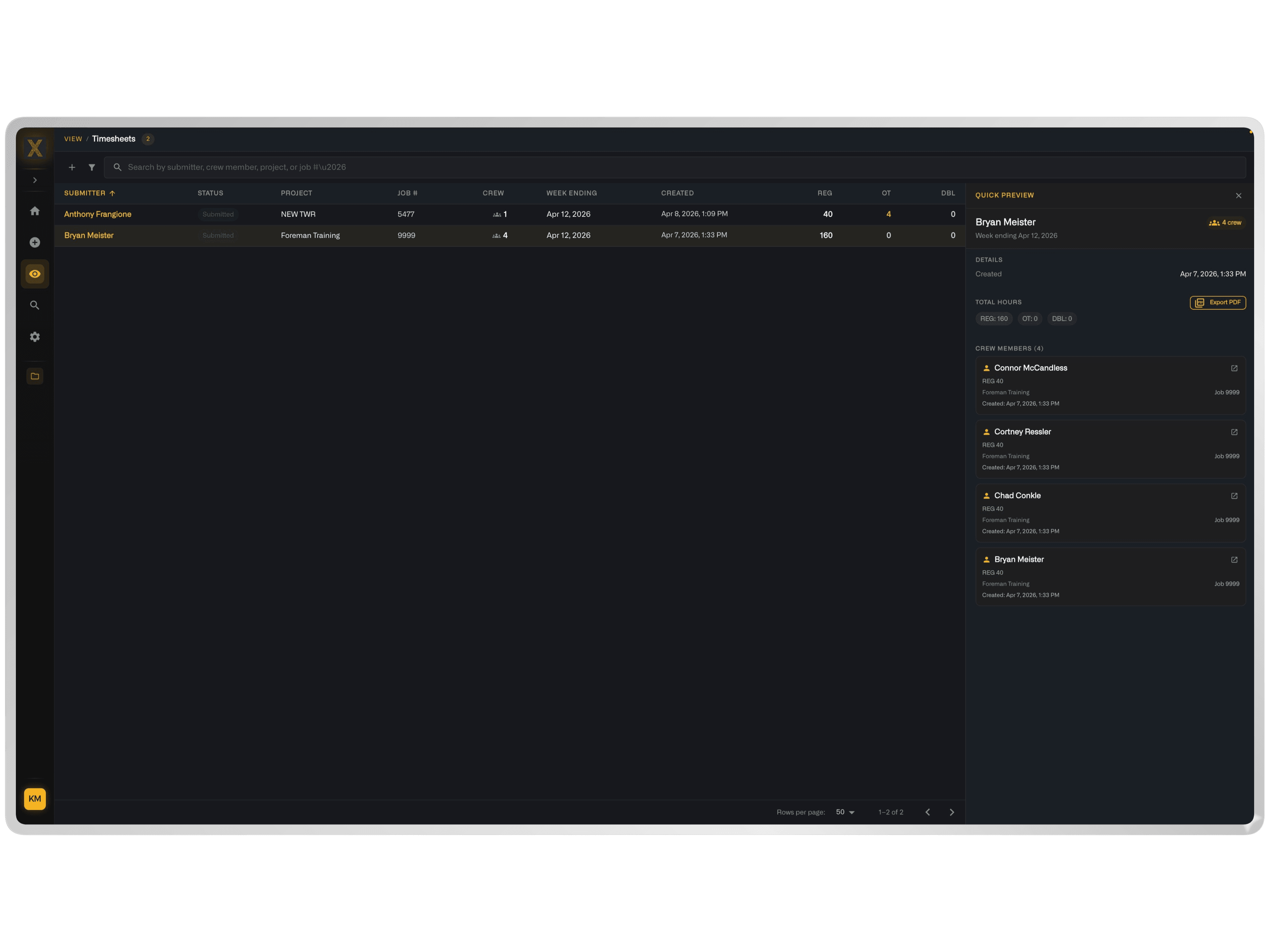 NIXN Timekeeping — Timesheets View
